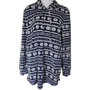 Lands' End Hoodie Blue White Snowflakes Pullover Fleece ‎ Soft Comfort Women's M
